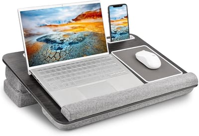 Laptop schootbureau, computerbureaus met kussen, geschikt voor laptops tot 17 inch, ontworpen verstelbaar drievoudig schootpad, opbergfunctie en polssteun, thuiskantoor schoottafel voor volwassen