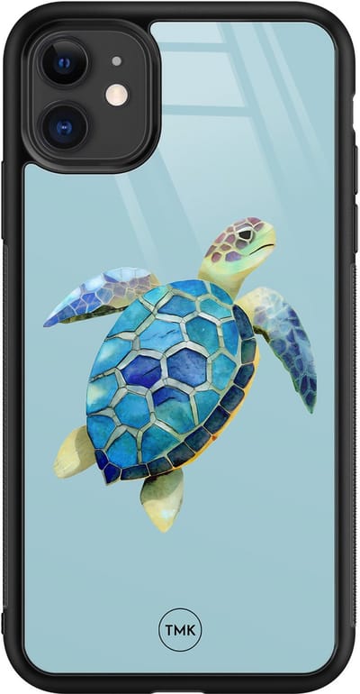 Hoesje geschikt voor Apple iPhone 11 - Schildpad - Blauw - TPU luxe case (glossy toplaag) - Print - Hardcase backcover zwart