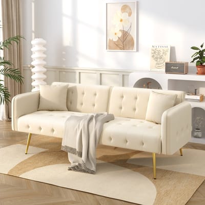 2-zits slaapsofa met uitschuifbed - voor kleine ruimtes - 2 personen, bed 215x81,5 cm - diverse kleuren - onafhankelijk verstelbare rugleuningen en armleuningen - velours bekleding - gouden metalen poten