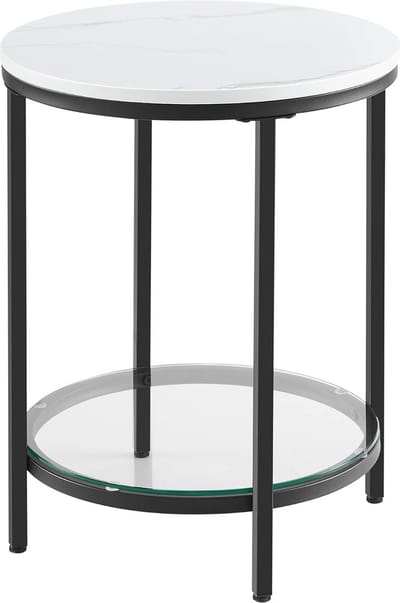 Hoppa! Bijzettafel – 2-lagen houtspaanplaat & gehard glas – modern wit marmereffect – zwart frame