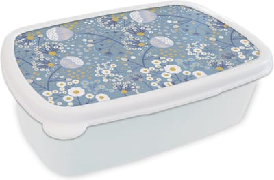 Broodtrommel Wit - Lunchbox - Brooddoos - Patronen - Kamille - Bloemen - 18x12x6 cm - Volwassenen