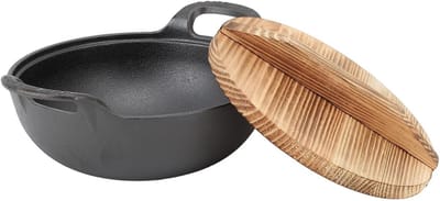 Gietijzeren Wokpan - Roerbakpan Aziatisch - Authentiek Koken - Met Houten Deksel - 20cm Diameter - Zwart