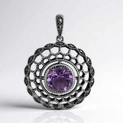 Cavill - Zilveren Hanger - 925 Sterling Zilver - 3 ct Braziliaanse Amethist & 0,21 ct Roemeense Marcasiet - Vintage Paars Elegant