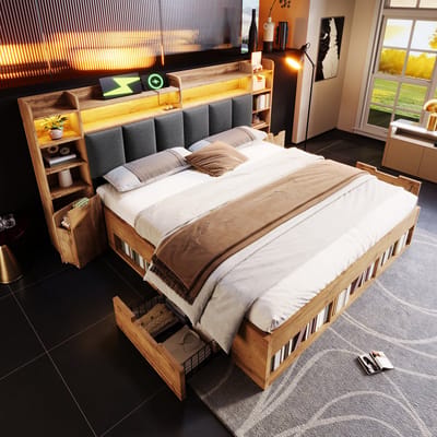Tweepersoonsbed - 160x200 cm - Systeembed met led - USB-poort & lades - Hout - Eiken