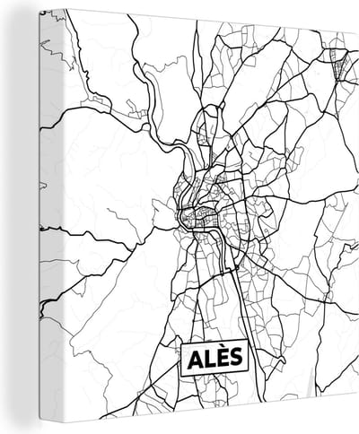 Canvas Schilderij Alès - Kaart – Plattegrond – Frankrijk – Stadskaart - Zwart wit - 20x20 cm - Wanddecoratie