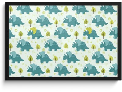 Poster in lijst - Fotolijst 60x40 cm - Posters - Triceratop - Blauw - Stippen - Boompjes - Posterlijst zwart - Decoratie - Wanddecoratie woonkamer - Muurdecoratie slaapkamer