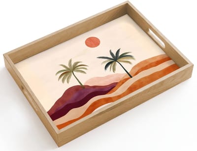 Dienblad hout 40x30 cm - Schootdienblad - Palmbomen - Abstract - Zon - Heuvels - Borrelplank rechthoek - Plateau dienbladen