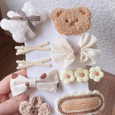 Lot de 9 pinces à cheveux pour filles, motif ours, fleurs, nœud décoratif, épingle à cheveux latérale, mignonnes, en peluche, marron, accessoires beige