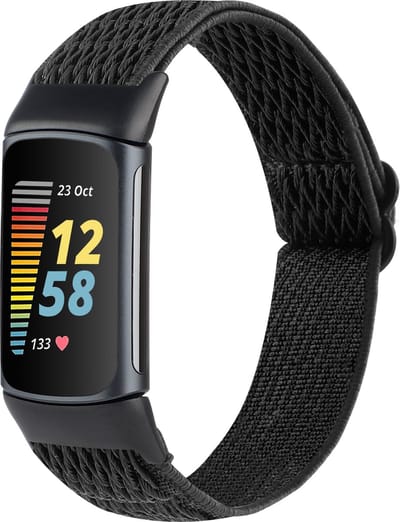 By Qubix - Compatible Fitbit bandje - Geschikt voor fitbit Charge 5 Elastische solo loop nylon bandje - Zwart - Horlogeband - smartwatchbandje