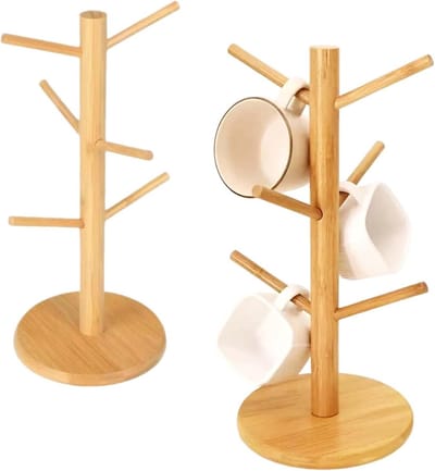 Bekerhouder van bamboe met 6 haken, ruimtebesparend en natuurlijk design voor koffiebekers, ideaal voor feestjes en keukenorganisatie