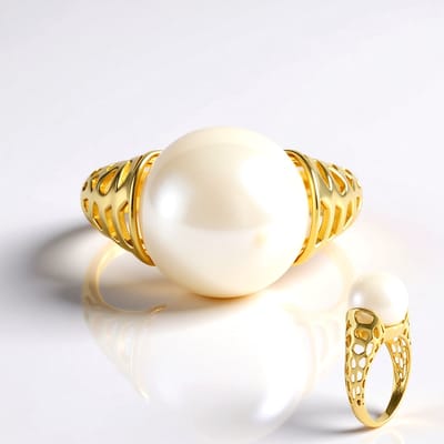 Cavill - Zilveren ring met 12mm witte zoetwater kweekparel - 925 Sterling zilver verguld - Filigraan design - Elegante damesring maat 17-19