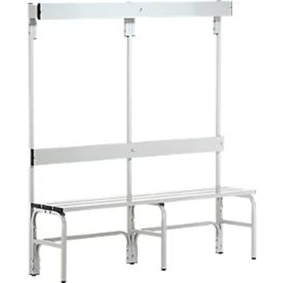 Kleedkamerbank, stalen buis/aluminium, enkel met garderobedeel, 1500 mm lang, lichtgrijs