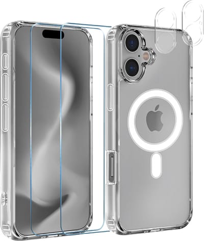 iPhone 16 Hoesje backcover Shockproof siliconen Transparant met geïntegreerde magnetische cirkel + 2 gehard glazen screenprotectors + 2 Camera Protector van glas