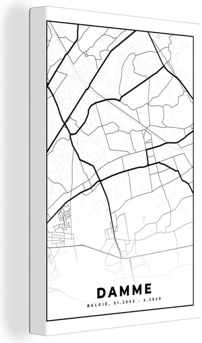 Canvas Schilderij België – Damme – Stadskaart – Kaart – Zwart Wit – Plattegrond - 20x30 cm - Wanddecoratie