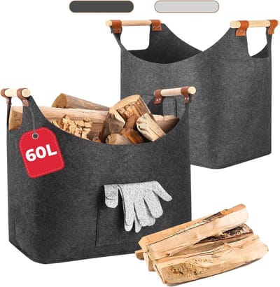Opvouwbare haardhoutmand 2 stuks met opbergtas - Grote viltmand voor hout en meer, 45 x 32 x 40 cm, grijs