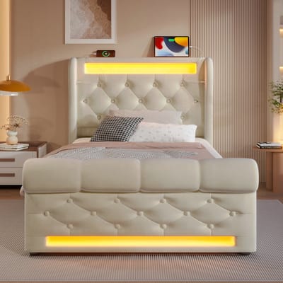 VVBV Gestoffeerd Opbergbed 90x200 cm - Hydraulische Opbergruimte, LED-Verlichting, USB-C - Fluweel Beige - Zonder Matras