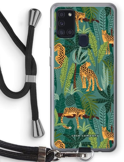 Case Company® - Hoesje met koord geschikt voor Samsung Galaxy A21s hoesje met Koord - Luipaard 2 - Telefoonhoesje met Zwart Koord - Bescherming aan alle Kanten en Over de Schermrand
