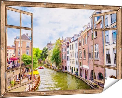 Gards Tuinposter Doorkijk Huizen aan de Oudegracht in Utrecht - 150x100 cm - Tuindoek - Tuindecoratie - Wanddecoratie buiten - Tuinschilderij