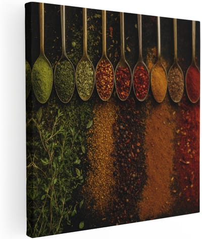 Artaza Canvas Schilderij Kruiden En Specerijen - Lepels In Kleurrijke Opstelling - 70x70 cm - Wanddecoratie Woonkamer - Schilderijen - Muurdecoratie