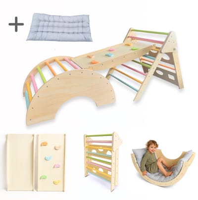 Dastium Kids - Klimrek - Montessori Speelgoed - XXL Houten Klimrek Speelgoed - Klimboog met Kussen - Klimrek Baby - Klimrek Peuter - Klimrek met Glijbaan - Pastelkleuren