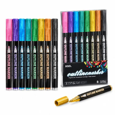 Set met 8 contourpennen - metallic glitter en dubbele lijn - DIY kunstmarkers - uitvoering B 80 g