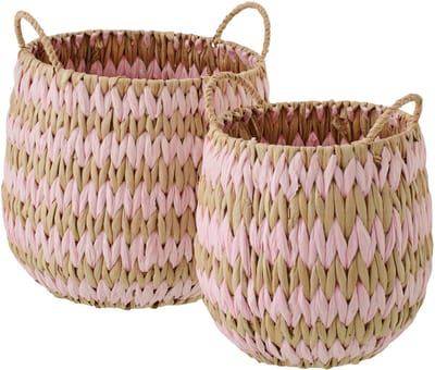 J-Line mand met handvatten Gestreept - papier - naturel/lichtroze - set van 2