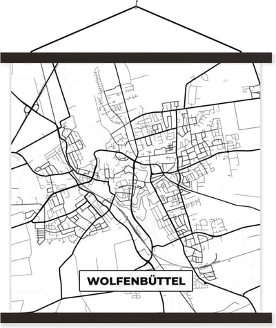 Posterhanger incl. Poster 60x60 cm - Schoolplaat - Wolfenbüttel - Stadskaart - Plattegrond - Kaart - Textielposter - Zwarte latten - Stadskaart