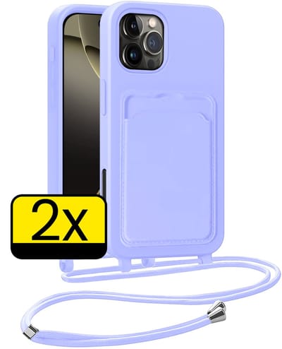 Hoesje Geschikt voor iPhone 16 Pro Telefoonhoesje Met Koord Case Pashouder Siliconen - Hoes Geschikt voor iPhone 16 Pro Hoesje Met Kaarthouder - Lila - 2 Stuks