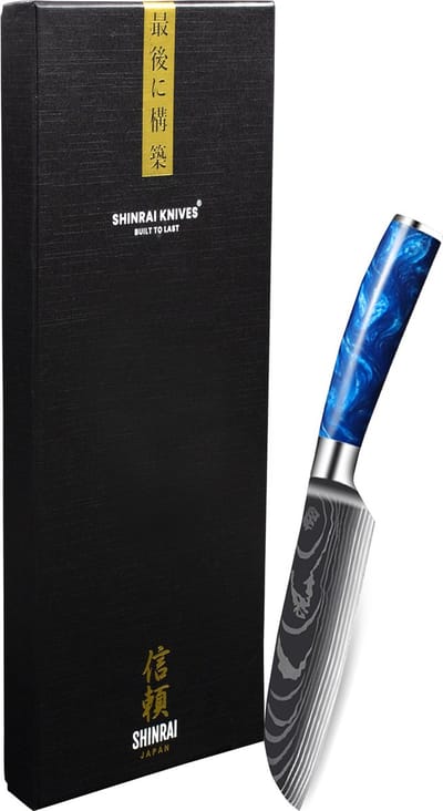 Shinrai Knives - Santokumes 13 cm - Koksmes - Damascus Mes - Damascus Print Epoxy Sapphire - Met Luxe Geschenkdoos - Keukenmes - Japans Koksmes
