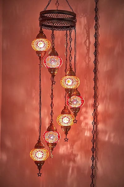 Turkse hanglamp - mozaïek glas oranje-rood - 7 bollen - 145 cm hoog 45 cm breed