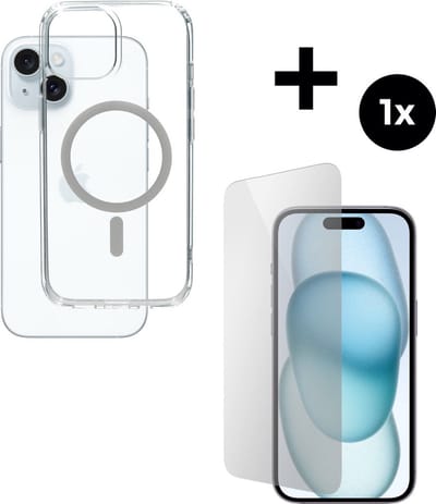 Mobiparts Hardcover MagSafe hoesje geschikt voor Apple iPhone 15 - MagSafe - met 1 Screenprotector van Gehard Glas - Transparant