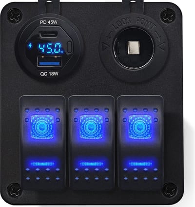 ProRide Schakelpaneel 12V voor Auto/Boot - USB/USB C Lader 2 Poorten met Wattagemeter - 45W - QC3.0 - 3 schakelaars