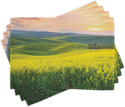 ABAKUHAUS gele placematten, lentelandschap met wilde bloemvelden bij zonsopgang, veelkleurige lucht, beeld van heuvels en valleien; Tiscjdeco uit kleurvast stof voor de eetkamer en de keuken, geel-groen