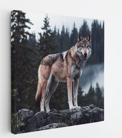 Saammp Canvas Schilderij - Wolf op een rots - Dieren - Natuur - 20x20 - Foto op canvas - Wanddecoratie - muurdecoratie Woonkamer - Slaapkamer decoratie - Canvas Print
