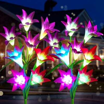Oneay 4-delige set solar bloemlampen met 16 grote leliebloemen – Op zonne-energie werkende tuinverlichting met 7 kleurenwisselingen – Decoratieve buitenverlichting voor terras, tuin en looppaden