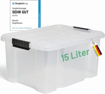 Novaliv opbergdoos met deksel 15L transparante nestbare stapelbare kunststof doos met clipsluiting Eurobox kunststof doos BPA-vrij 41 x 29 x 20 cm