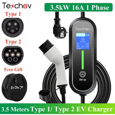 Teschev draagbare EV-oplader 220V 3,5KW J1772 Type 1 IEC62196-2 Type 2 oplader 16A verstelbare stroomoplader voor elektrische auto
