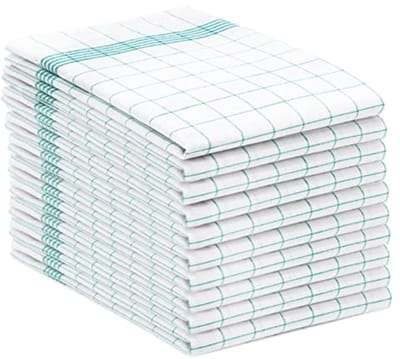 Set van 10 Katoenen Theedoeken, Super Absorberend en Duurzaam, Wasbaar tot 95 °C, Turquoise Wit Geruit, Gastronomische Kwaliteit