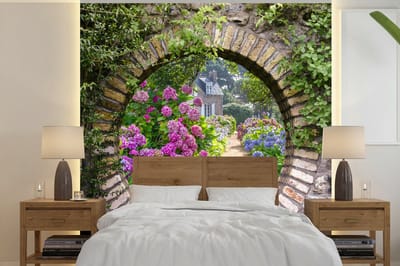 Behang - Fotobehang Doorkijk - Bloemen - Hortensia - Zomer - Breedte 280 cm x hoogte 280 cm