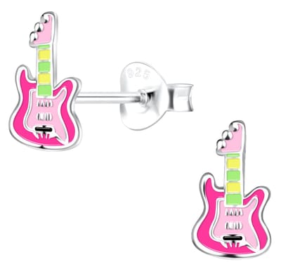 Joy|S - Zilveren gitaar oorbellen - 5 x 9 mm - roze - kinderoorbellen