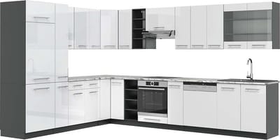 Vicco Hoekkeuken Fame-Line, Wit Hoogglans/Antraciet, 347 x 257 cm, WB Marmer
