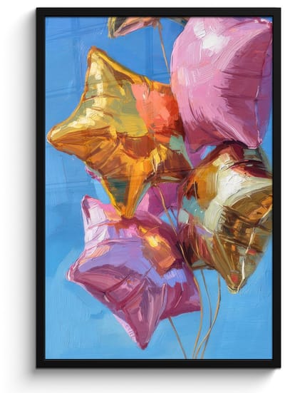 Poster in lijst - Fotolijst 60x90 cm - Posters - Ballonnen - Goud - Stervorm - Roze - Posterlijst zwart - Decoratie - Wanddecoratie woonkamer - Muurdecoratie slaapkamer