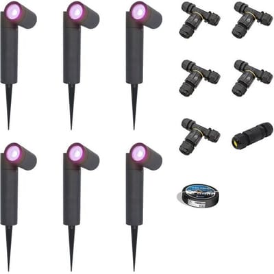 Set van 6 Pinero - Smart LED Prikspot - IP65 - 5,5W 400lm - RGBWW - GU10 - Wifi + Bluetooth - IP65 - Bestuurbaar via app - Google Home, Amazon Alexa en Siri - Zwart - Tuinspots - Inclusief installatiemateriaal (Kabel & connector)