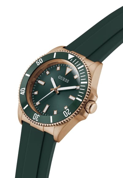 Guess Cliff Quartz Analoog Horloge Groen Kast Gemaakt Van 100% Roestvrij Staal En Een Armband Van 100% Siliconen 43 GW0969G5