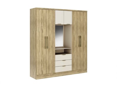 Vente-unique Kast met 6 deuren en 3 lades - Met spiegel - L180 cm - Kleur: naturel en beige - ELORIO