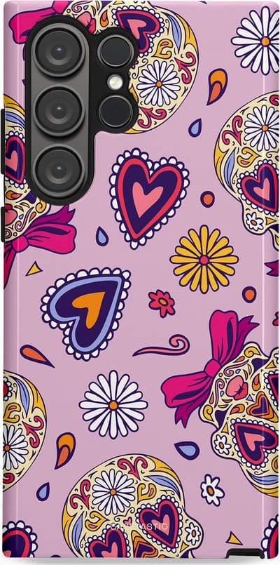 Casetastic hoesje geschikt voor Samsung Galaxy S23 Ultra - Dubbellaagse bescherming - Dia de los Muertos Doodshoofd Strik - Fashion Case - Lichtroze Lila Taupe Zilver