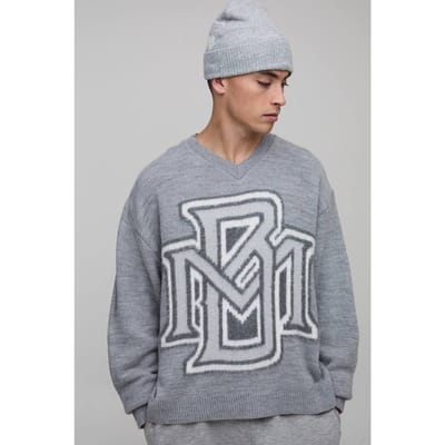 Oversized Boxy Geborstelde Boucle Varsity Gebreide Trui | Grey | Size XS
