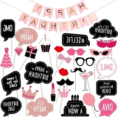 Verjaardagsfoto Props Set met 31 Stukken, Fotohokje Accessoires en Verjaardagsbanner in Zwart en Roze voor Feestelijke Herinneringen