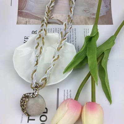 Handgemaakte Rijstkralen, Etnische Retro Truiketting, Pauw Edelsteen Hanger Ketting. gray