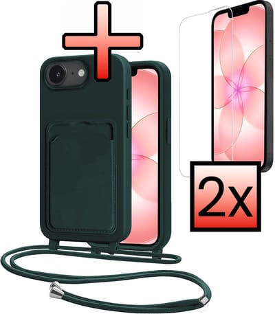 Hoes Geschikt voor iPhone 17e Met Telefoonkoord Met 2x Screenprotector - Siliconen Hoesje Backcover Met Ketting - Donkergroen